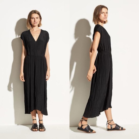 Vince | NWT Crinkle Pleat V-Neck Midi Dress Black M - Picture 9 of 11